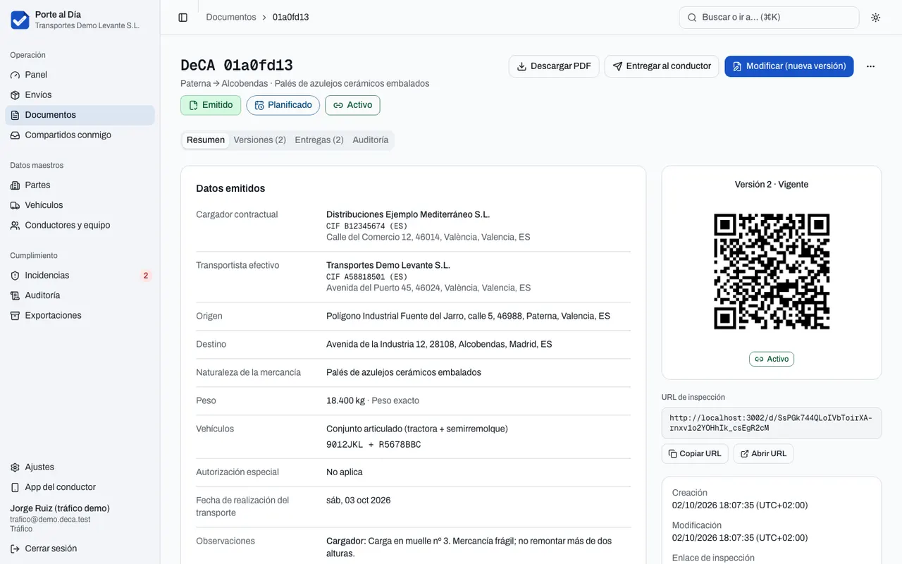 Ficha de un documento emitido: datos del porte, QR de inspección, versión vigente y huella SHA-256.